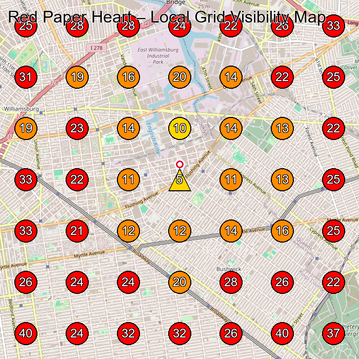 Red Paper Heart GeoGrid visibility map for Pottery Classes in Brooklyn